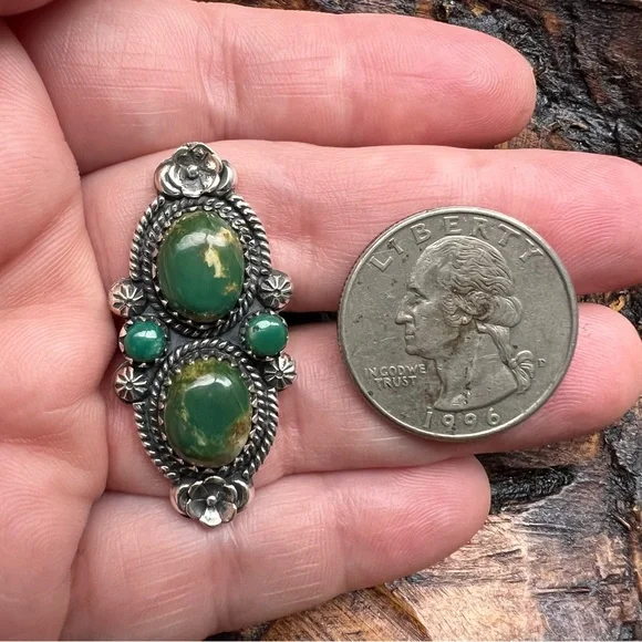 925 Sterling Silver Green Turquoise Ring with Floral Details – Size 7 - Picture 11 of 13
